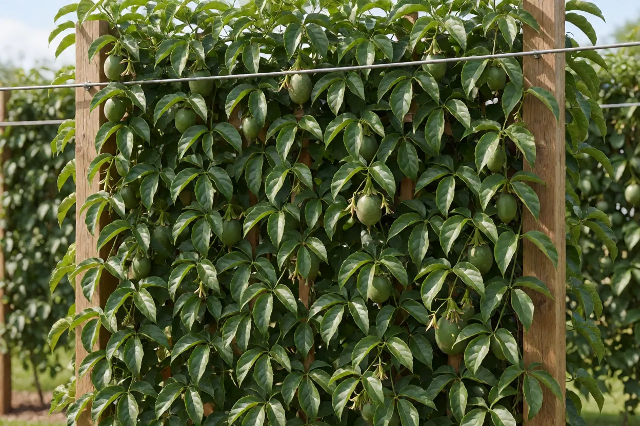 Espaldeira de maracujazeiro com mour&otilde;es de madeira e arame liso