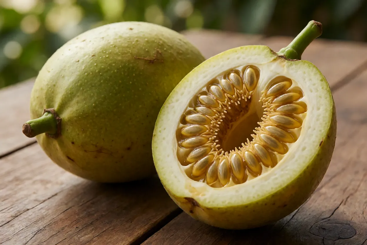 Fruto inteiro e cortado de maracujazeiro-melão mostrando casca espessa e polpa com sementes