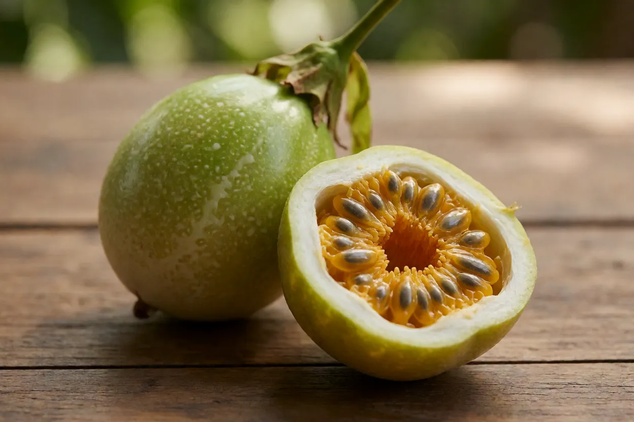 Frutos de maracujazeiro-silvestre inteiros e cortado mostrando polpa amarelo-alaranjada