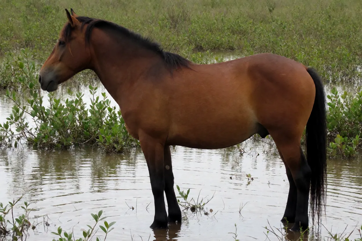 Cavalo Marajoara adulto de corpo inteiro em campo alagado na Ilha de Marajó