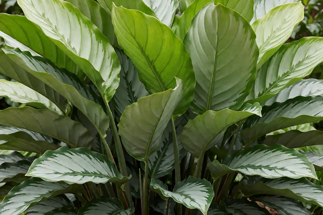 Maranta Charuto com folhas grandes verdes e verso prateado em jardim tropical