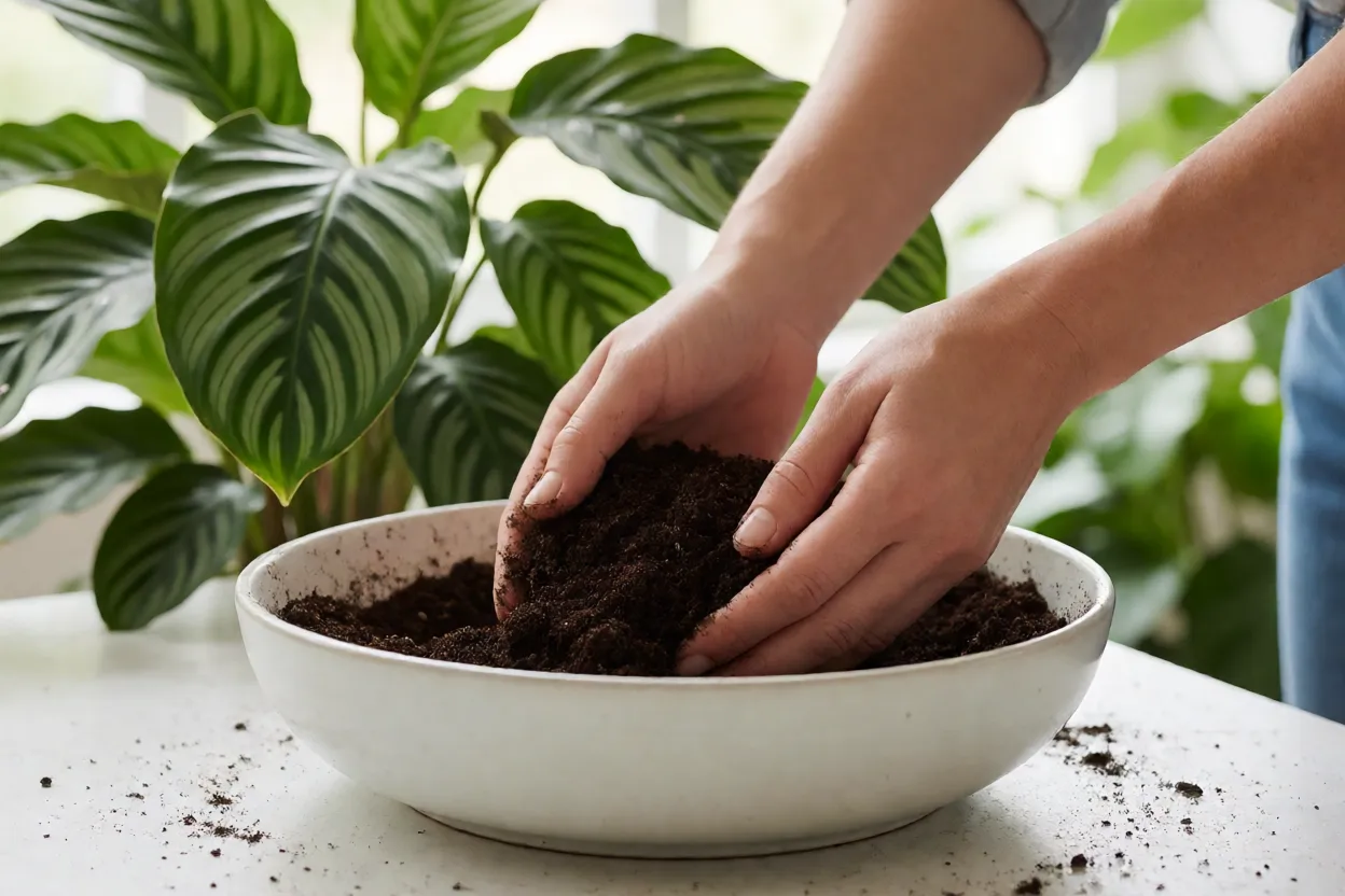 Prepara&ccedil;&atilde;o de solo rico em mat&eacute;ria org&acirc;nica para Maranta Charuto