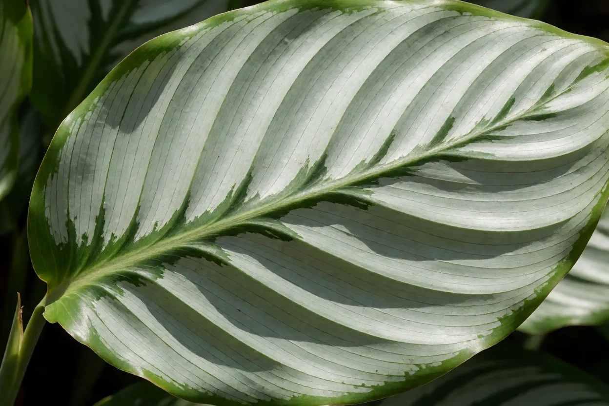 Detalhe das folhas da Maranta Charuto mostrando o verso prateado