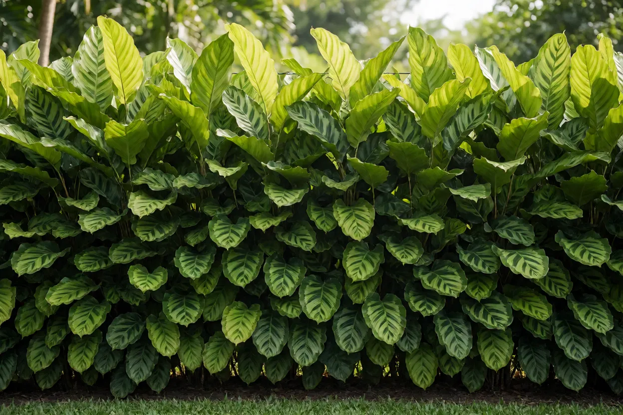 Maci&ccedil;o de Maranta Charuto formando muro verde tropical