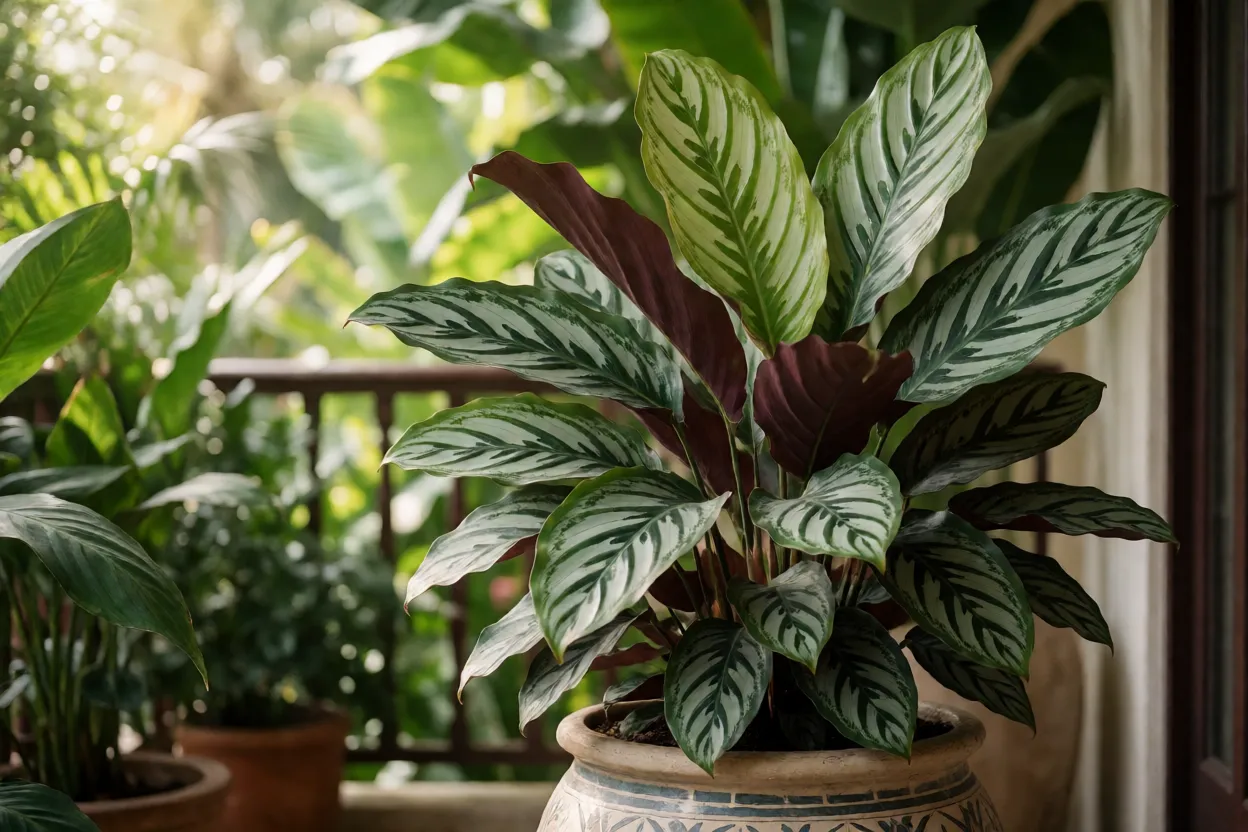 Maranta Charuto cultivada em vaso grande em varanda