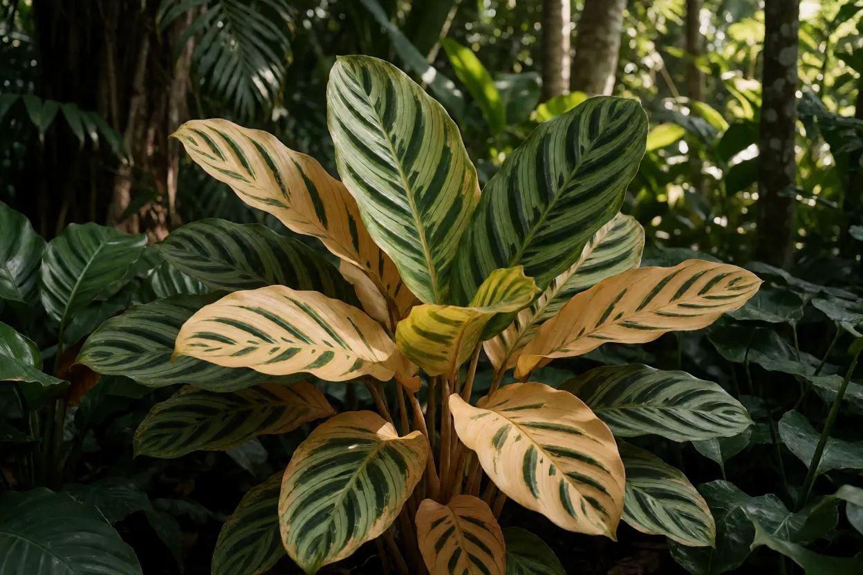 Maranta Charuto sob luz filtrada em jardim sombreado