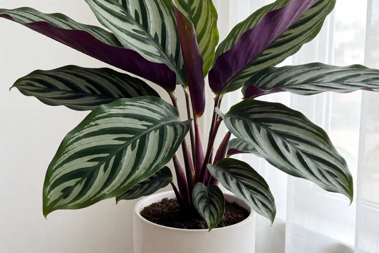 Maranta-listrada adulta em vaso branco com folhas listradas prateadas
