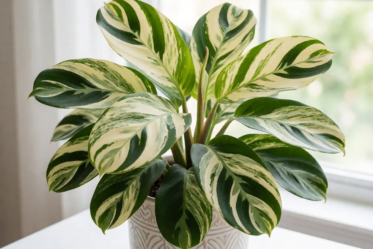 Maranta-variegada adulta em vaso decorativo com folhas variegadas creme e verde