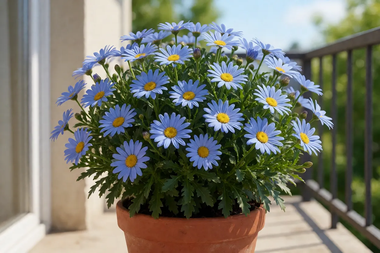 Margarida-azul adulta em vaso de barro com flores azul-celeste e centro amarelo
