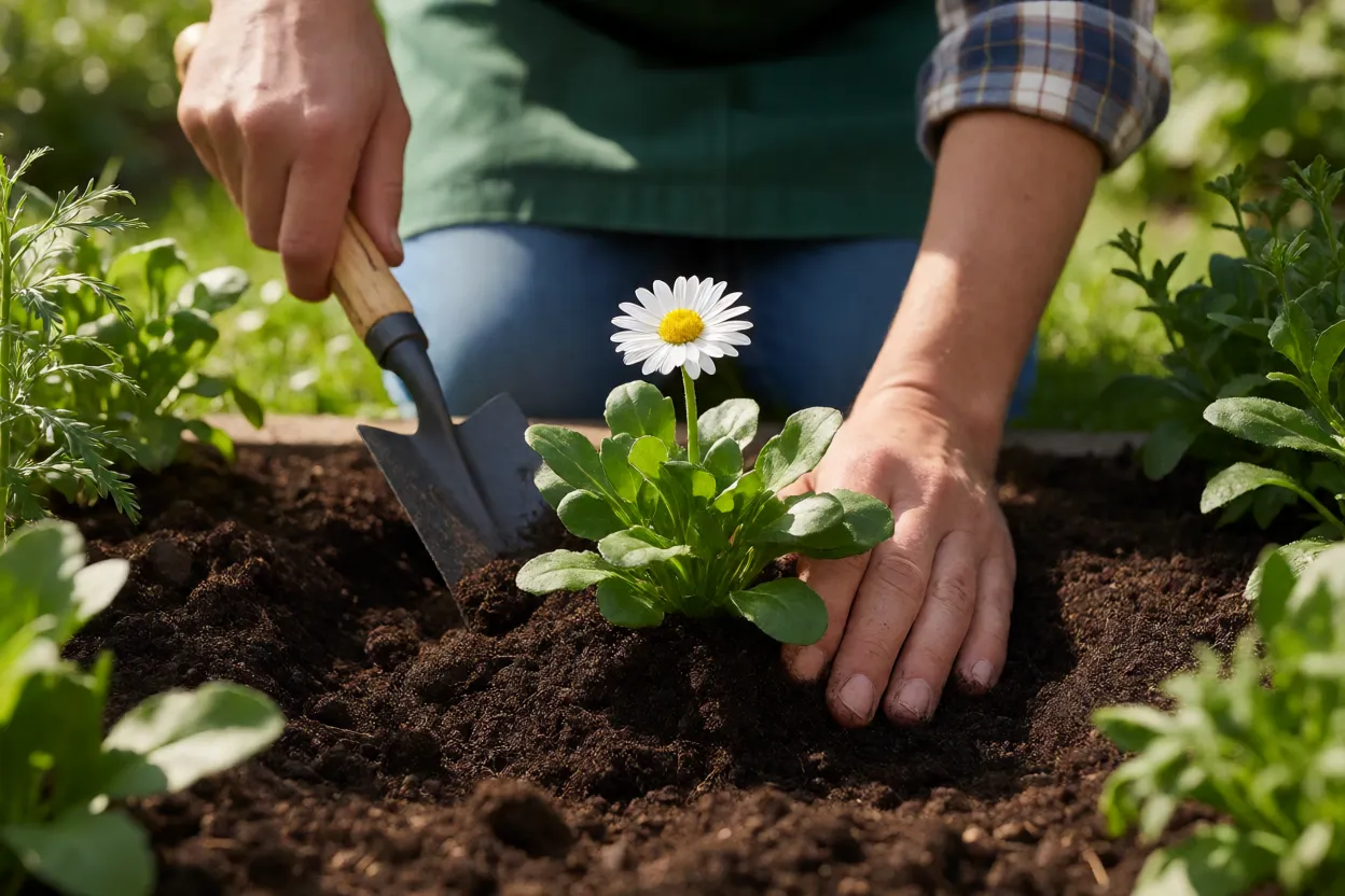 Plantio de muda de margarida em canteiro