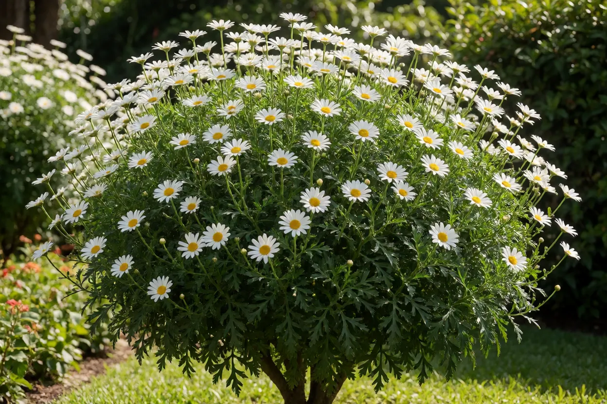 Margarida-de-árvore adulta florida com copa cheia de flores brancas
