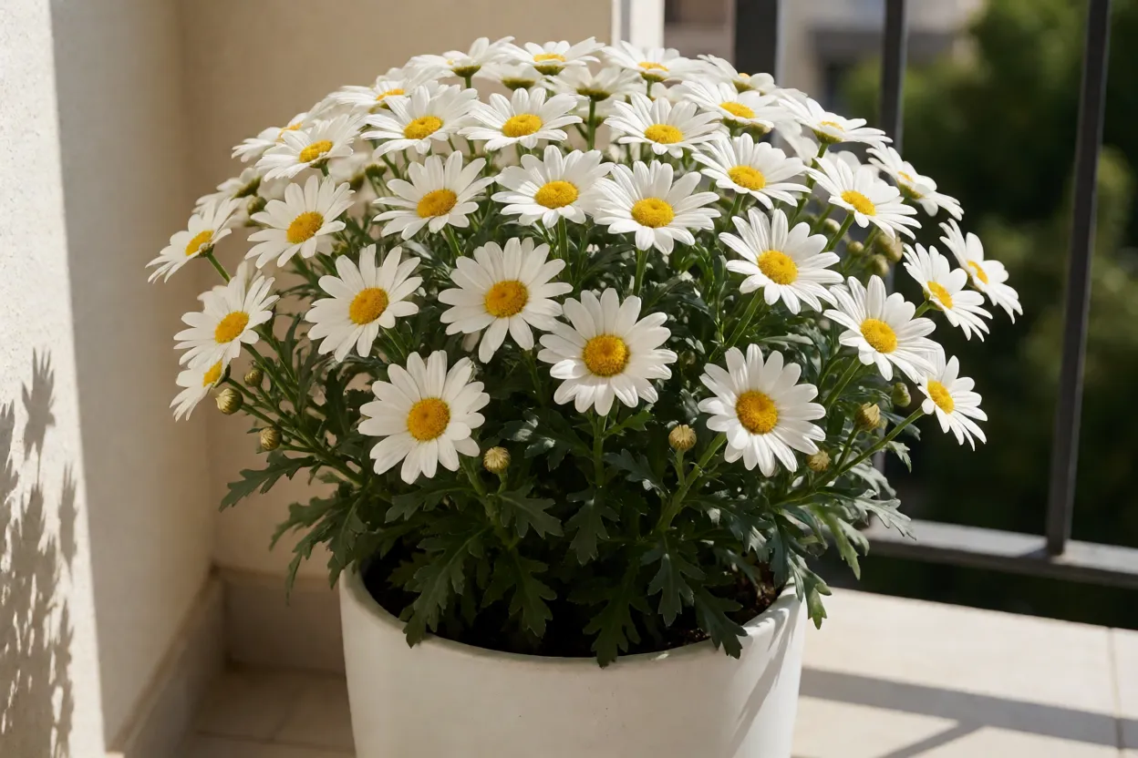 Margarida-de-paris adulta em vaso branco com muitas flores brancas e centro amarelo
