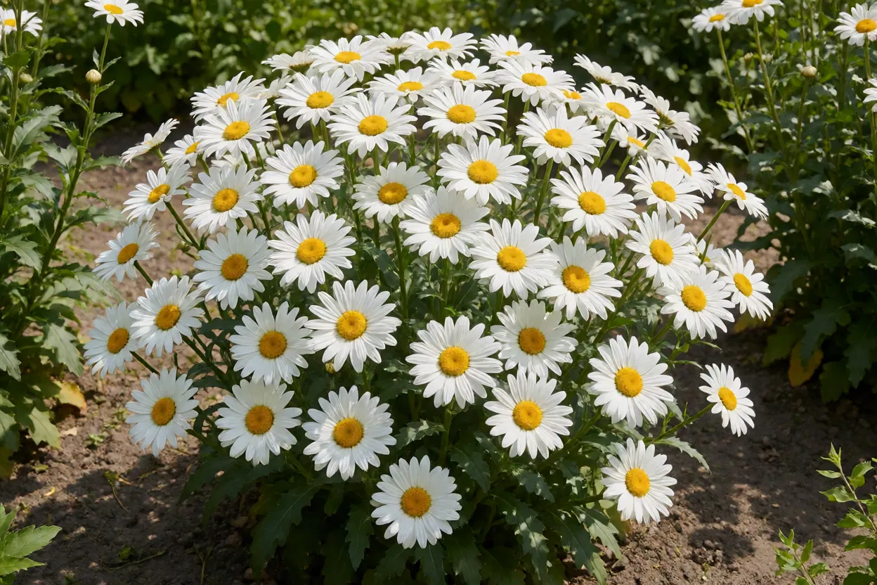 Margarida-gigante florida em canteiro a sol pleno com flores brancas grandes