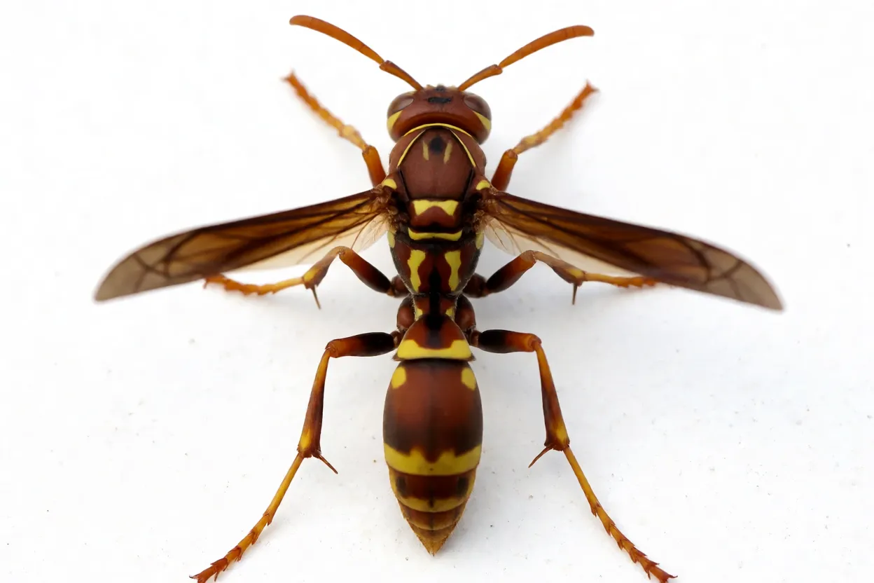 Marimbondo-cavalo Polistes em foto macro de corpo inteiro com cintura fina