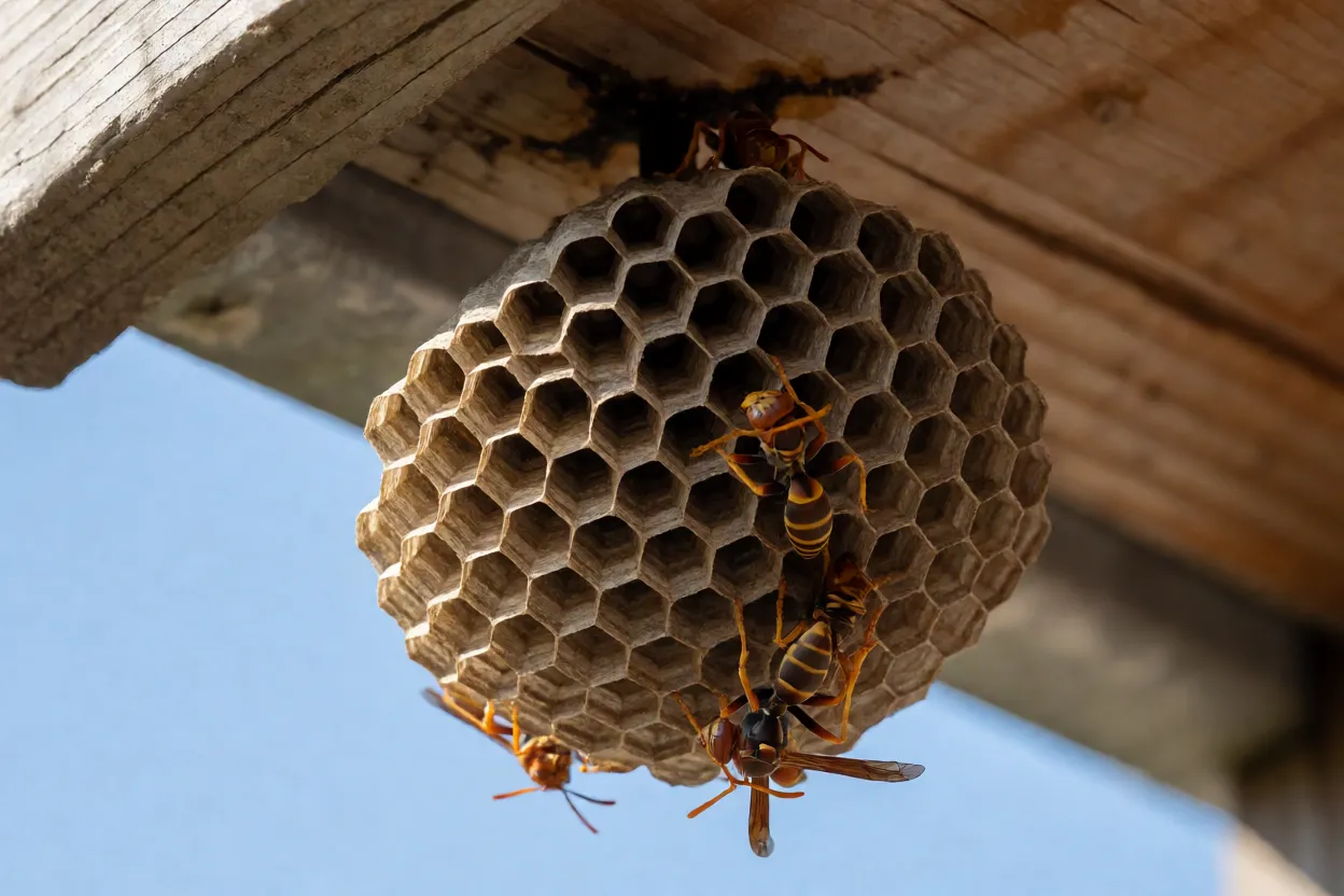 Ninho de papel aberto de marimbondo Polistes com células hexagonais
