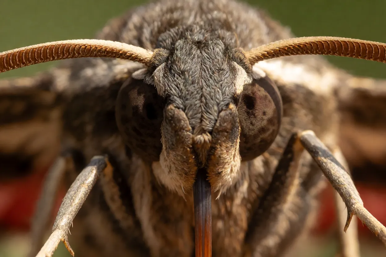 Close extremo da cabeça da mariposa-esfinge com olhos grandes e probóscide enrolada