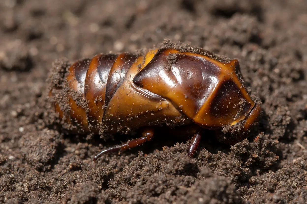 Pupa marrom brilhante de mariposa-esfinge enterrada no solo