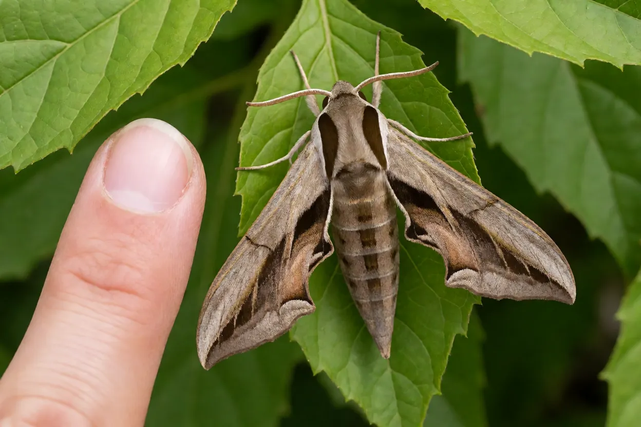 Mariposa-esfinge ao lado da ponta de um dedo para escala de tamanho
