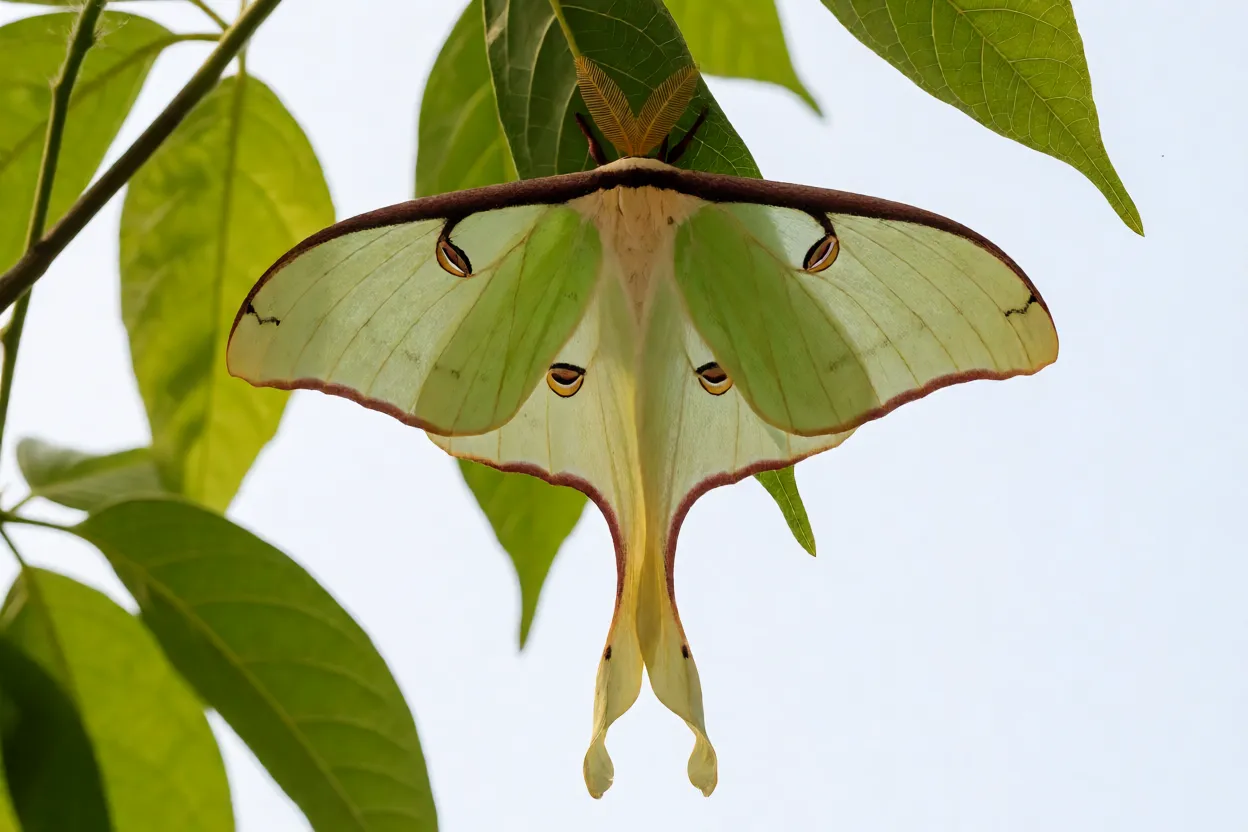 Mariposa-luna adulta com asas verde-pálidas e caudas longas pousada em folha