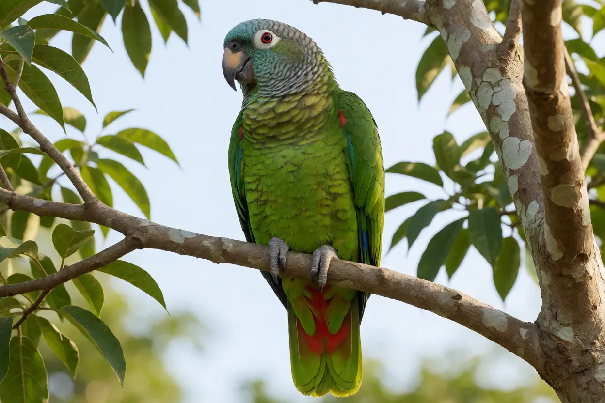 Maritaca Pionus maximiliani empoleirada em galho mostrando plumagem verde e cabeça escamada