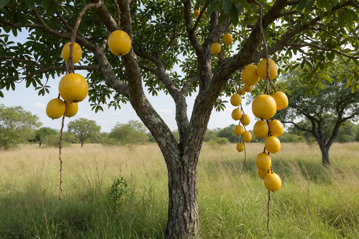 Árvore de marmelada-de-cachorro carregada de frutos amarelos no Cerrado