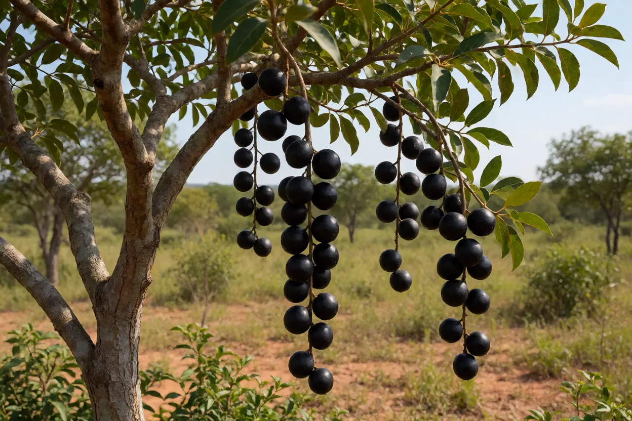 Árvore de marmelinho-do-campo carregada de frutos pretos maduros no Cerrado