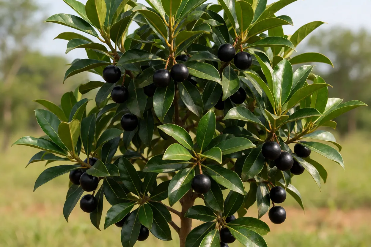 Marmelinho-do-mato adulto com folhas brilhantes e frutos pretos maduros no Cerrado