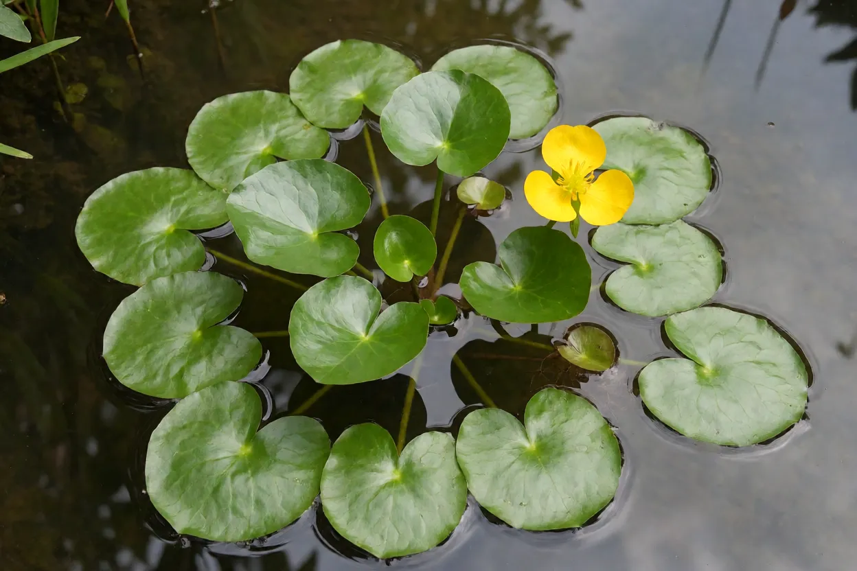 Marrequinha adulta flutuando em lago com folhas arredondadas e flor amarela de três pétalas