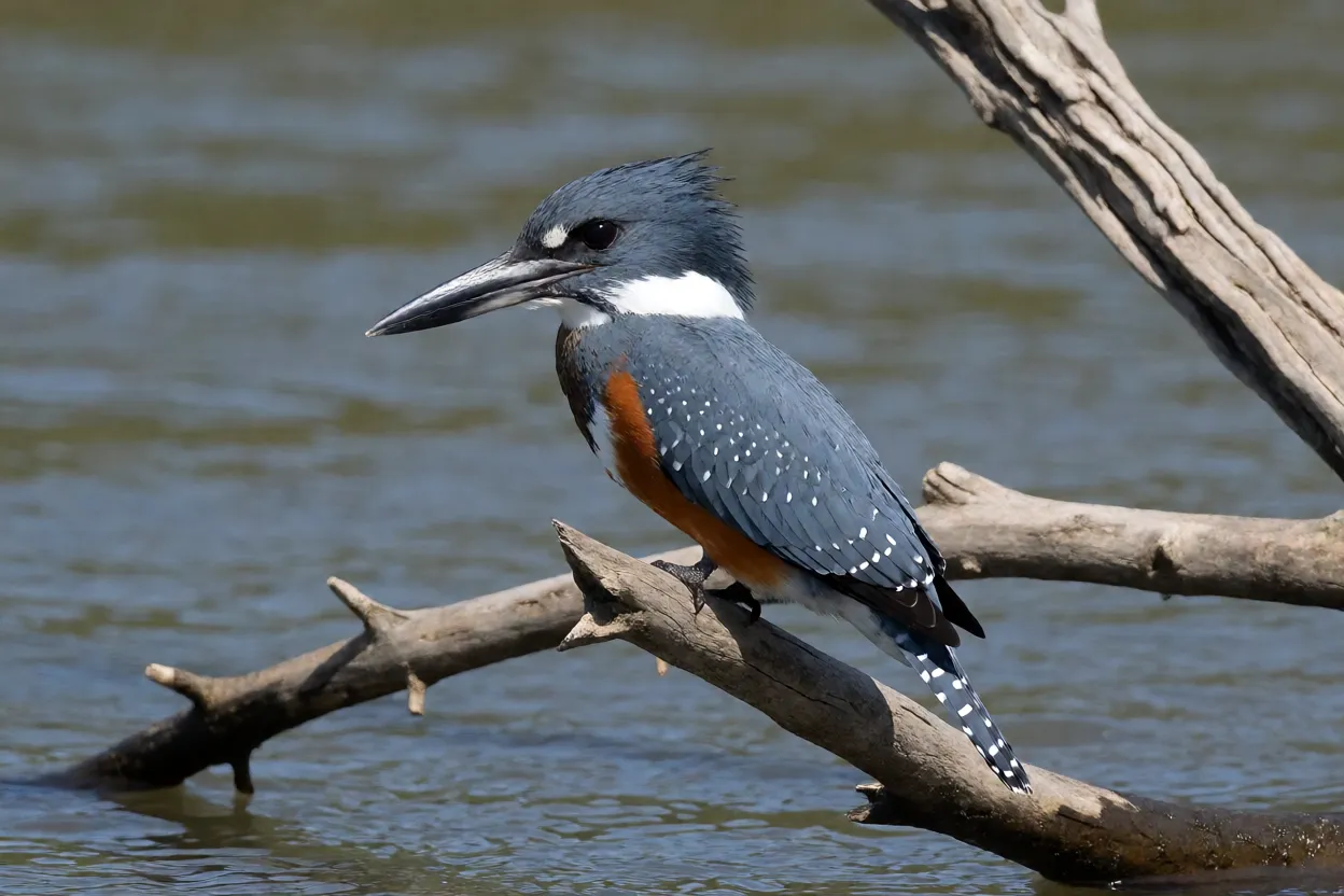 Martim-pescador-grande pousado em galho seco sobre rio