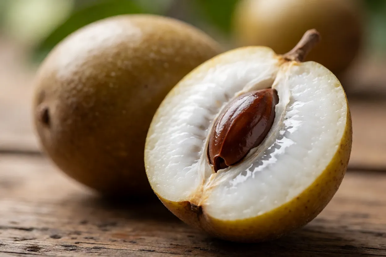 Fruta marula inteira e cortada mostrando polpa branca e caroço lenhoso