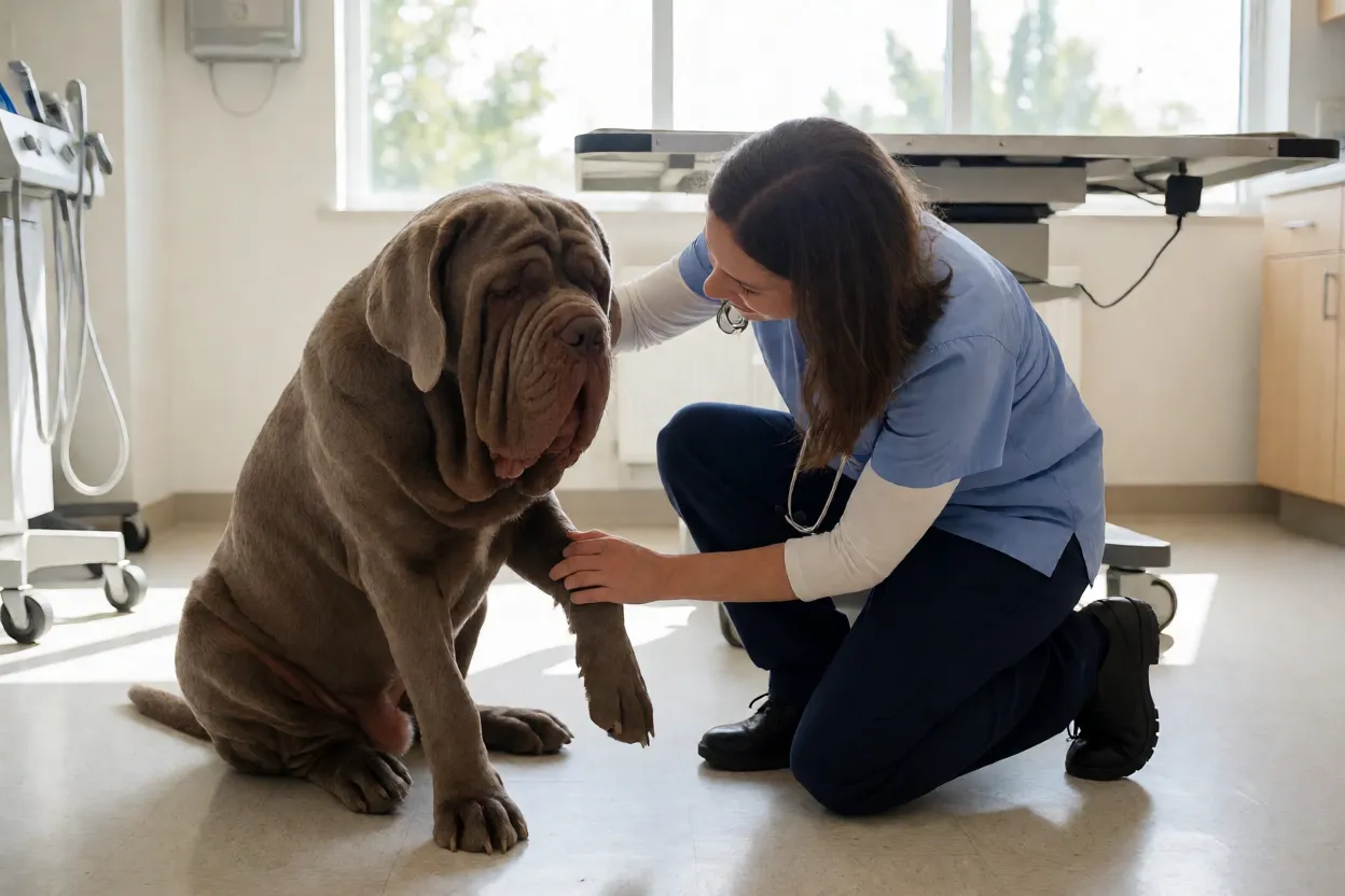 Veterin&aacute;ria examinando um Mastim Napolitano em consult&oacute;rio