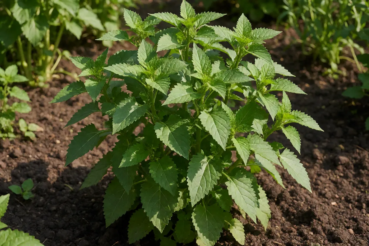 Planta de mastruz adulta em solo de jardim com folhas verdes dentadas