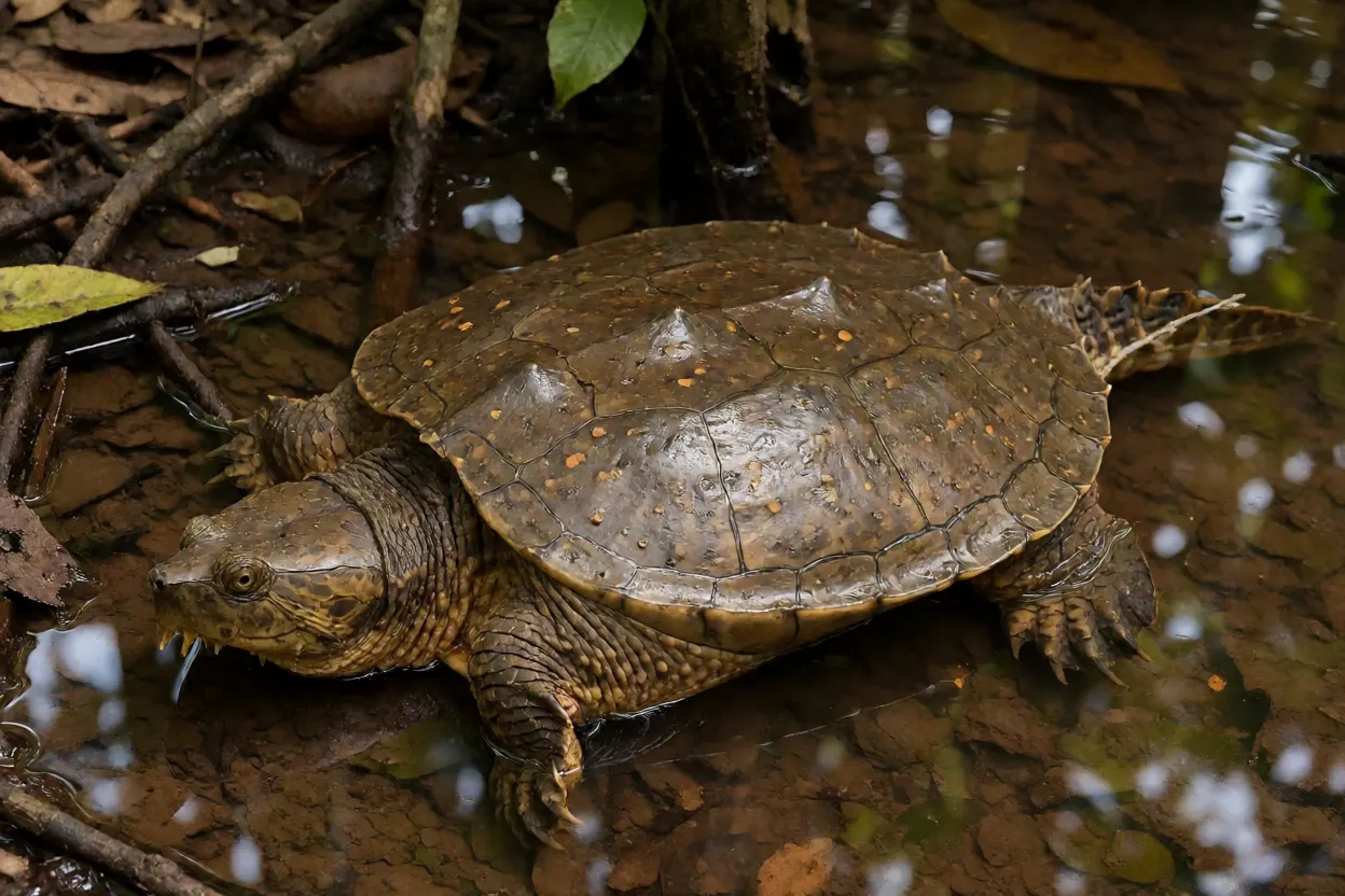 Matamatá-verde adulta de corpo inteiro em igapó amazônico de água escura