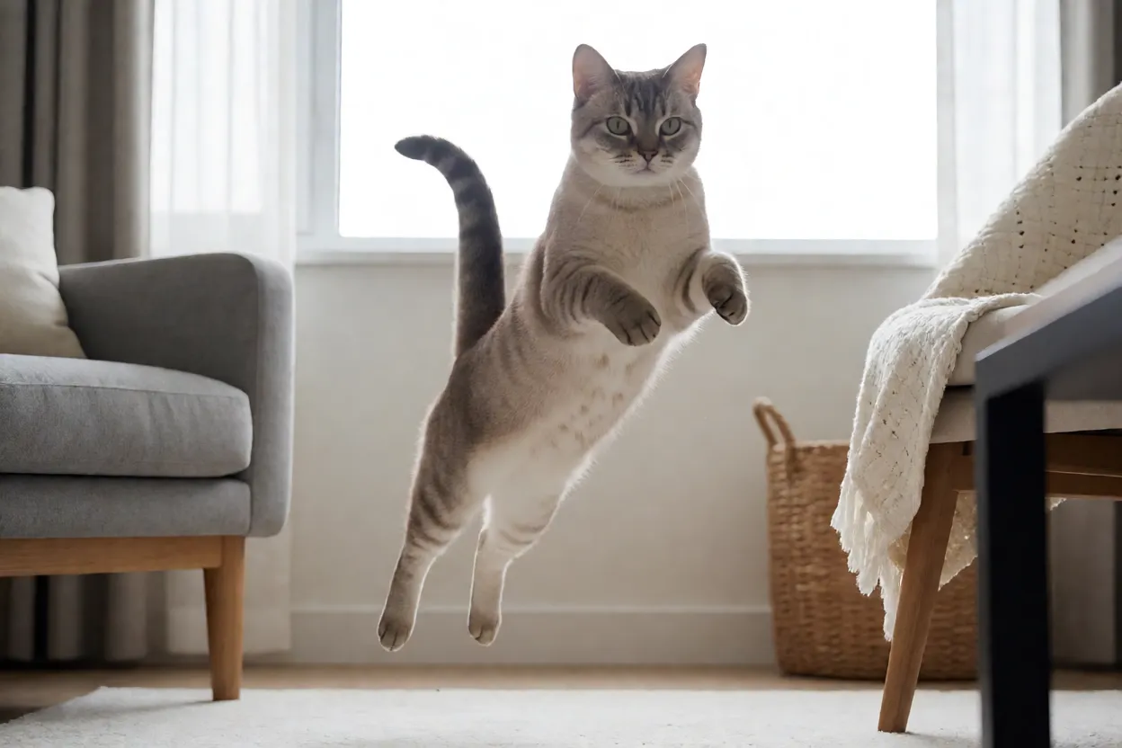 Gato Mau Árabe saltando alto dentro de casa