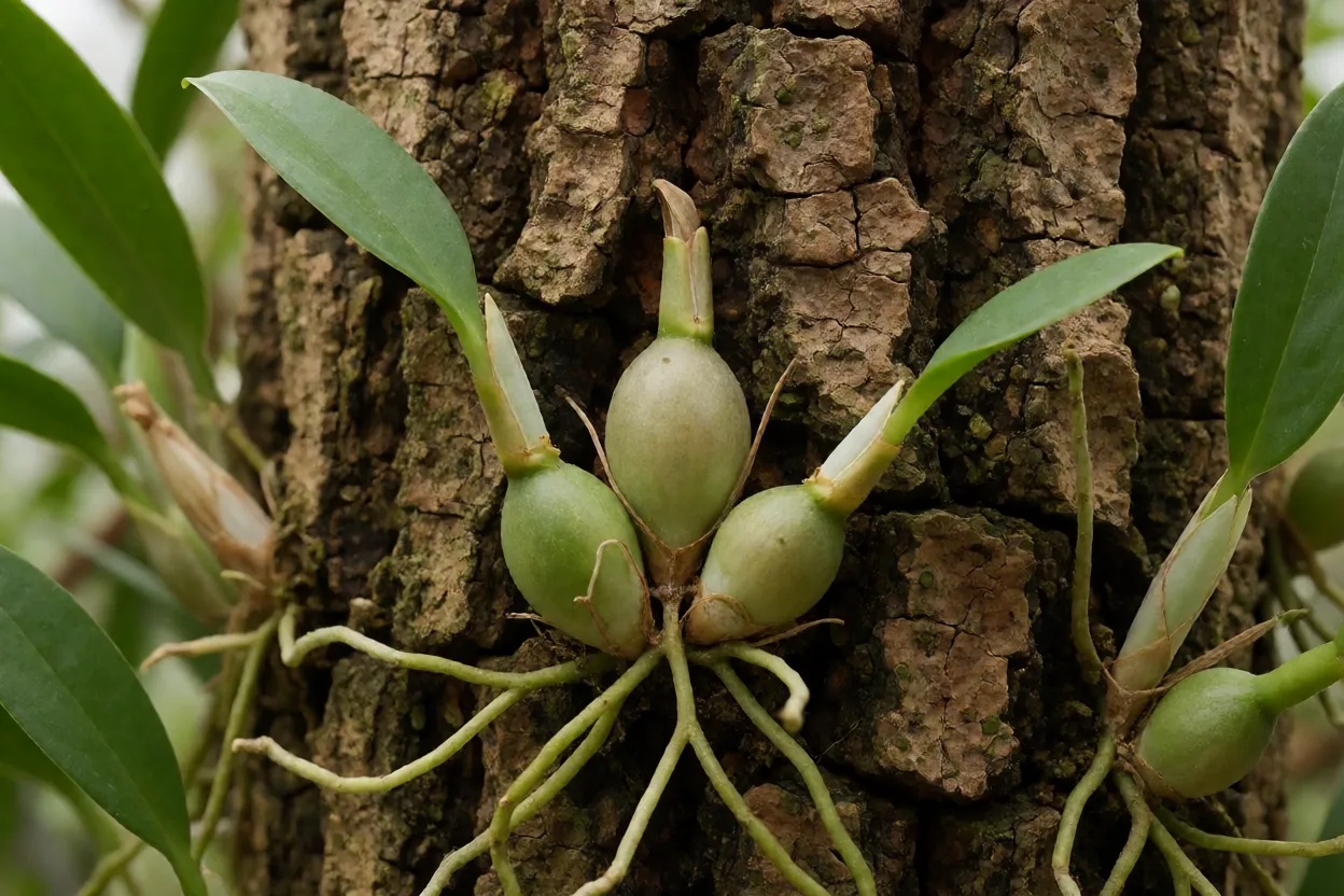 Detalhe dos pseudobulbos e raízes da Maxilária-côco