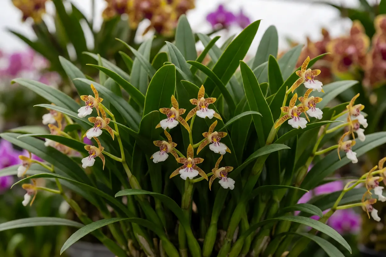 Touceira de Maxilária-côco com várias flores abertas em sequência