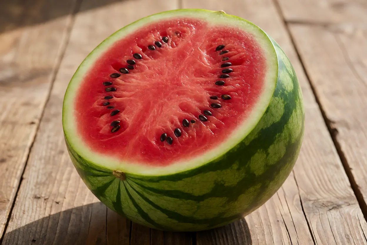 Melancia inteira e cortada mostrando polpa vermelha suculenta e casca verde rajada