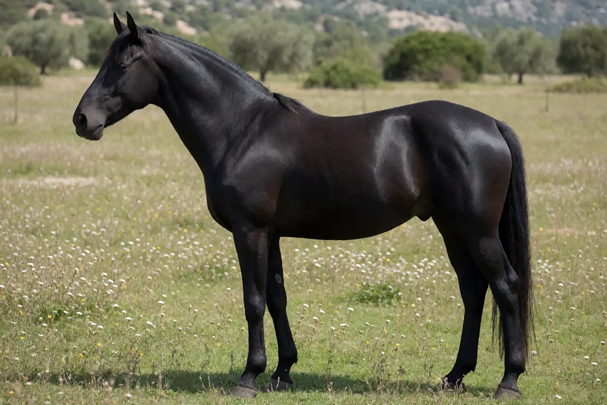 Cavalo Menorquín adulto preto em vista lateral em pasto mediterrâneo