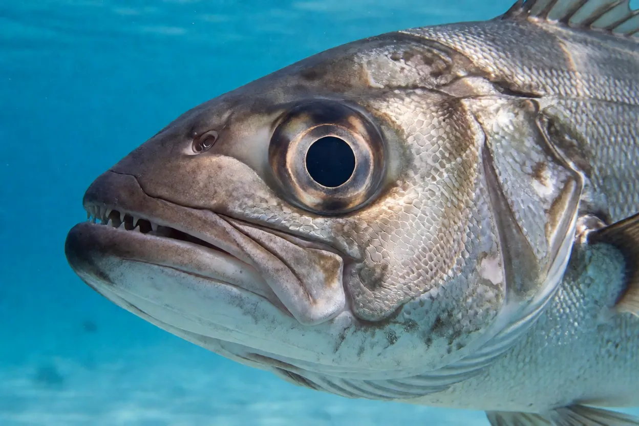 Close-up da cabeça da merluza mostrando olhos grandes e dentes afiados