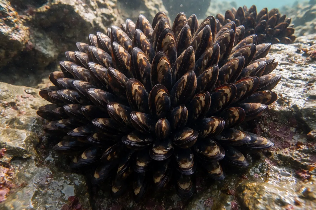 Mexilhão Colônia de mexilhão-marrom Perna perna fixada em costão rochoso submerso
