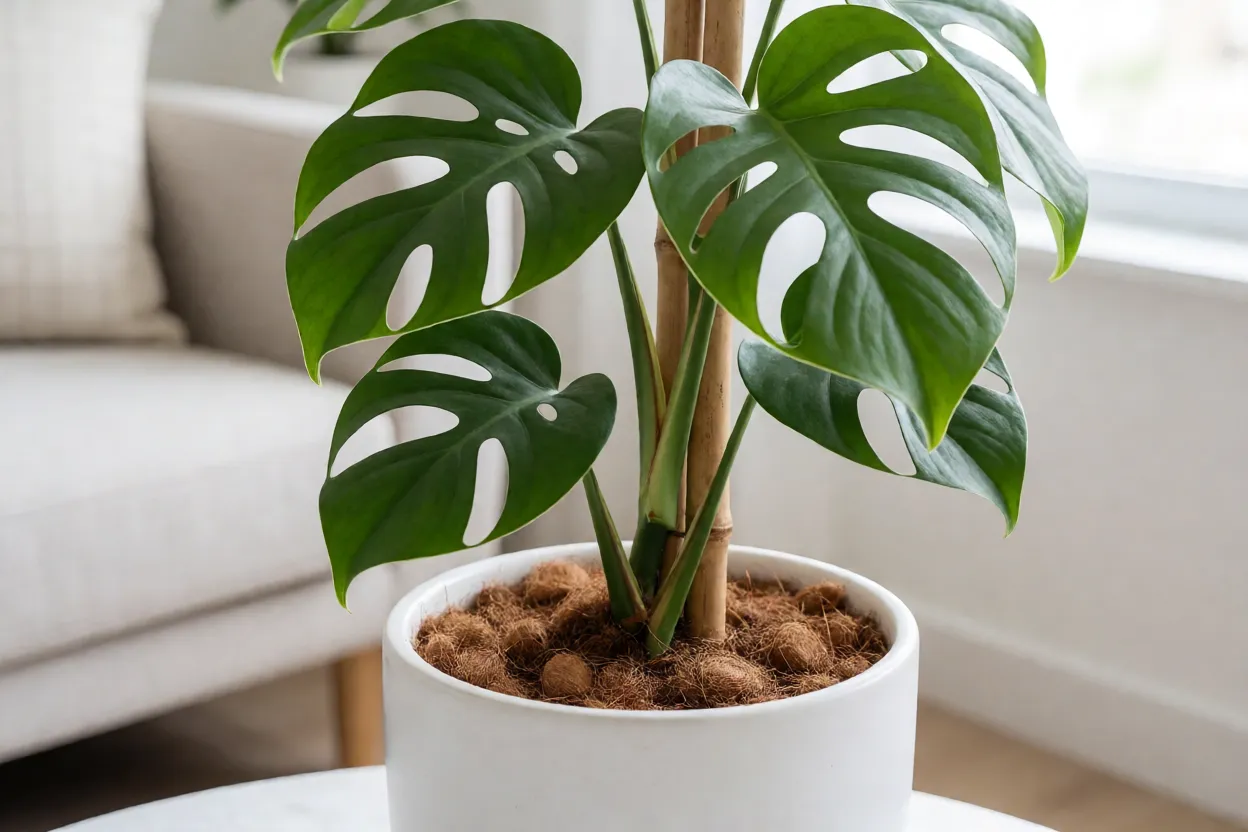 Mini-costela-de-adão adulta em vaso branco com tutor de fibra de coco em sala iluminada