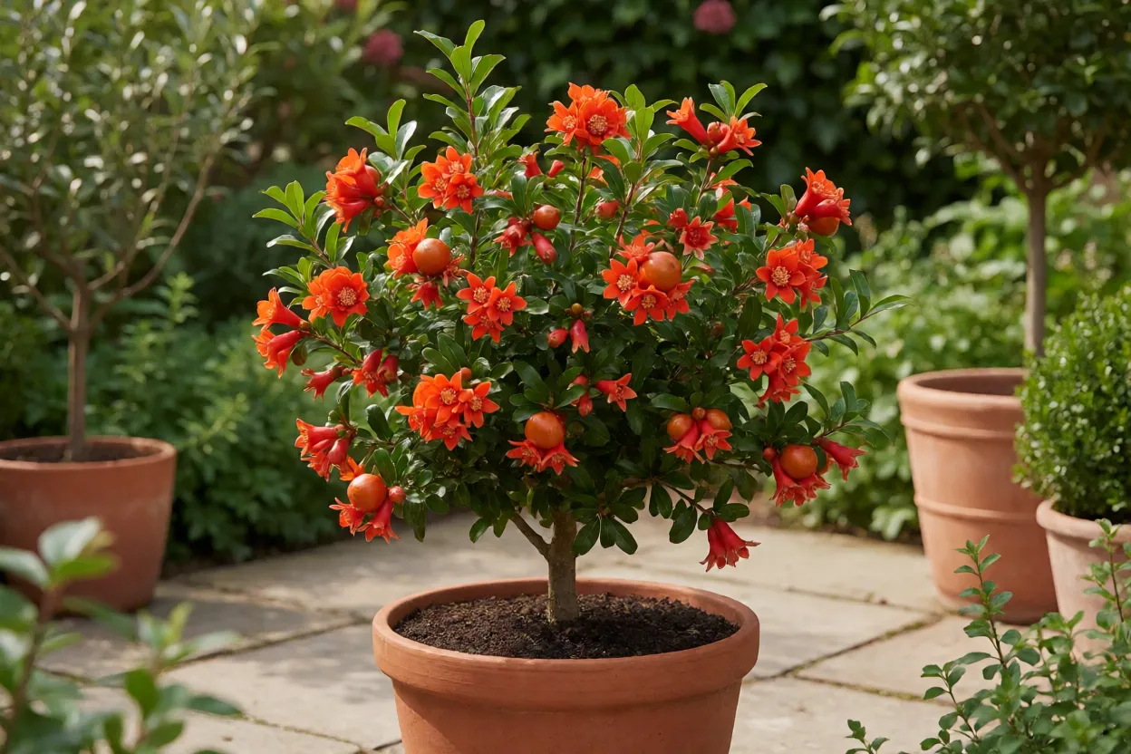 Mini-romã adulta em vaso de barro com flores vermelho-alaranjadas e frutos pequenos