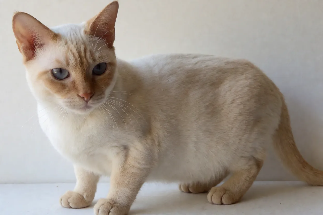 Gato Minskin adulto de corpo inteiro mostrando pernas curtas e pelagem rala com fur-points