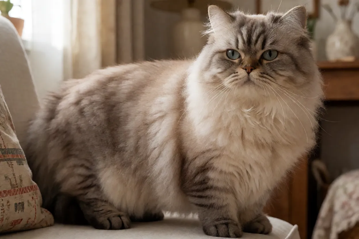 Gato Minueto adulto de corpo inteiro com pernas curtas e rosto arredondado