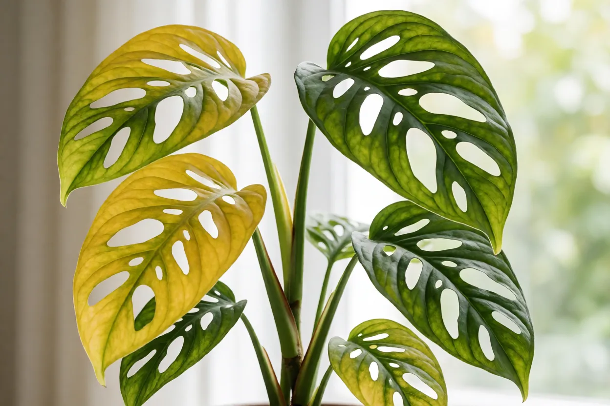 Monstera Adansonii: como cultivar, características das folhas, crescimento e cuidados Folhas amareladas de Monstera adansonii por excesso de água