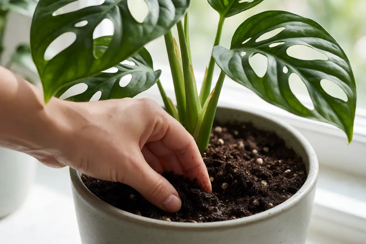 Monstera Adansonii: como cultivar, características das folhas, crescimento e cuidados Verificando umidade do solo de Monstera adansonii com o dedo
