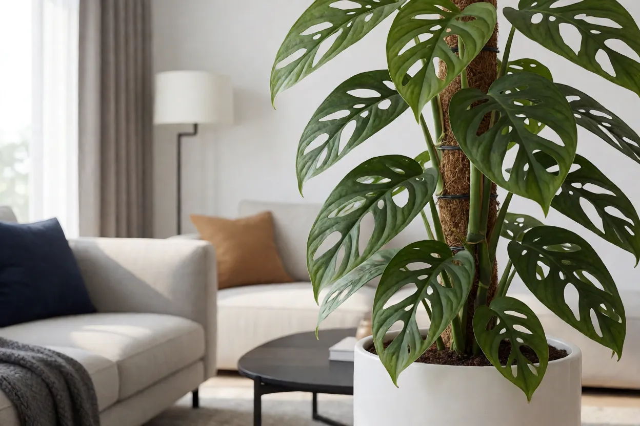 Monstera-de-Adanson adulta em vaso branco com tutor de musgo em sala iluminada
