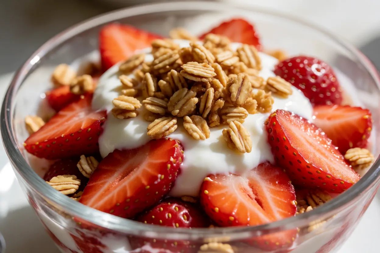 Tigela com morangos fatiados, iogurte e granola