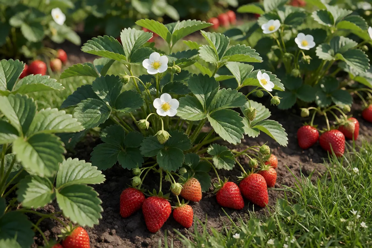 Morangueiro adulto com folhas, flores brancas e morangos vermelhos no canteiro