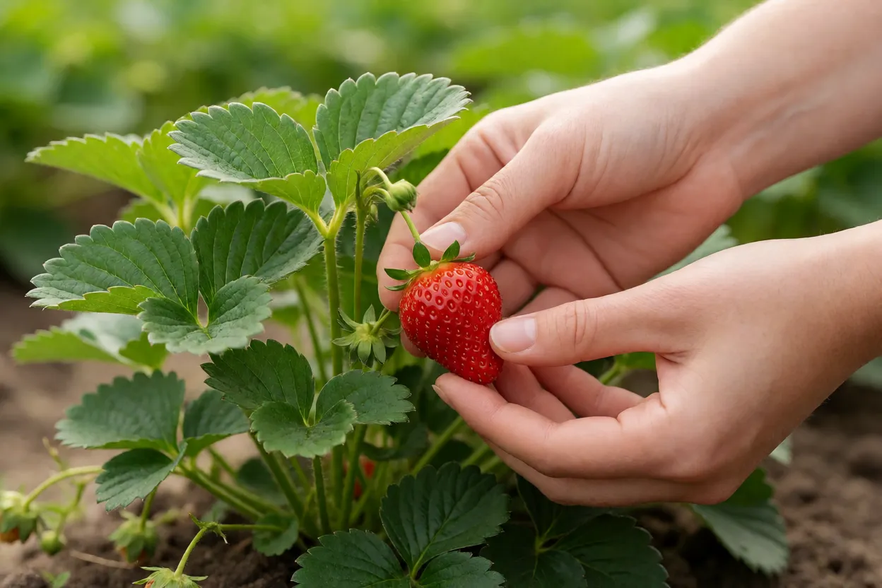 M&atilde;os colhendo morango maduro da planta